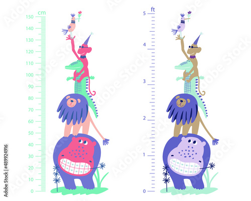 Vector stadiometer for kids. Meter wall or height chart centimeter and foot, set of vector illustration, pastel colors, funny african animals isolated on white background.