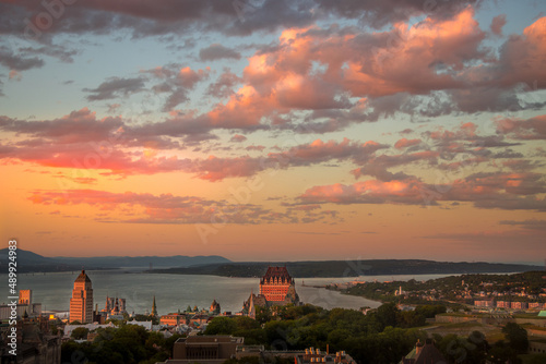 Sunset on Old Quebec city with St-Lawrence river and Orlean's island as background.