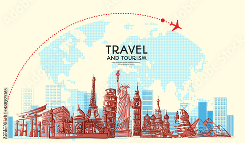 Travel to World with famous landmarks with hand drawn sketch style with airplane jetliner flying sign and world map for travel poster banner and postcard design Vector illustration.