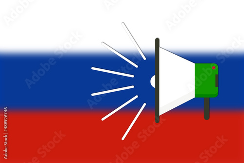 Loud speaker symbol. Shout out the disinformation words. Protest graphic background. Bullhorn device isolaed. Russian federation flag. Megaphone illustration texture. Russian propaganda symbol.