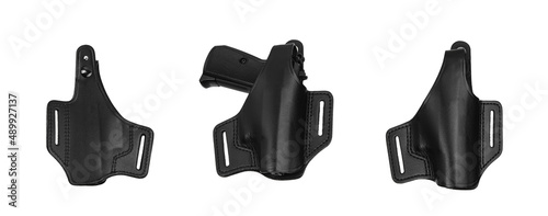 Leather holster for a pistol. Accessory for convenient and concealed carrying of weapons. View from all sides. Isolate on a white back. photo