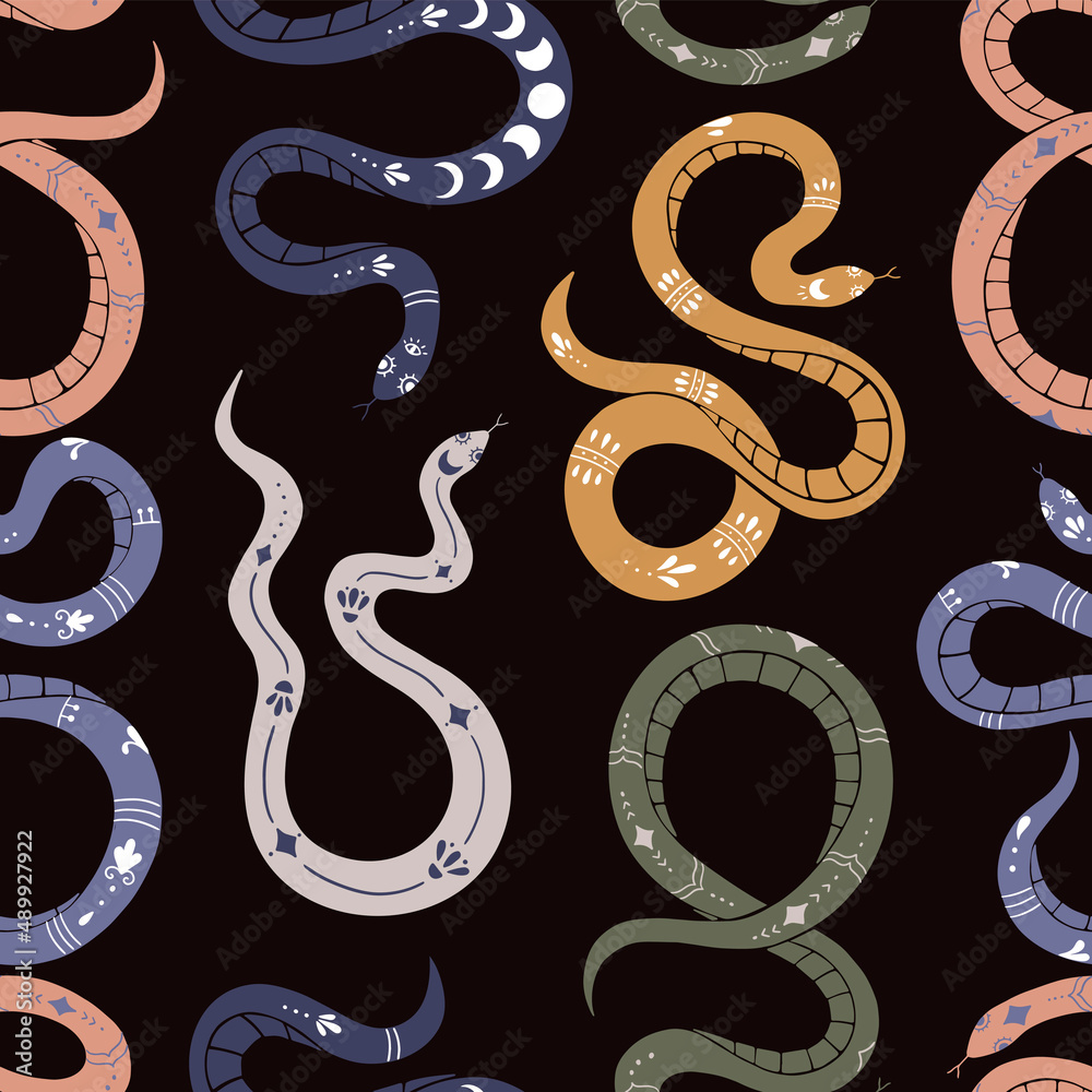 Seamless pattern with colorful snakes on a black background. Seamless pattern with colorful snakes on a black background.