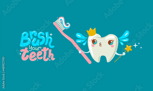 Vector illustration of a crowned tooth holding a toothbrush and paste. Inscription - brush your teeth. For baby, kids clothes, party invitations.