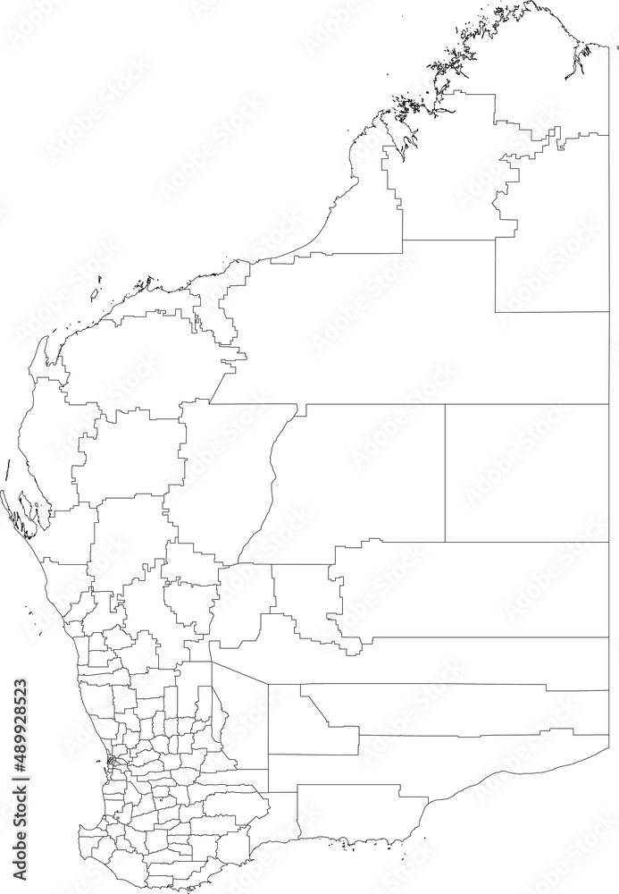 Fototapeta White flat blank vector administrative map of local government areas of the Australian state of WESTERN AUSTRALIA with black border lines of its areas