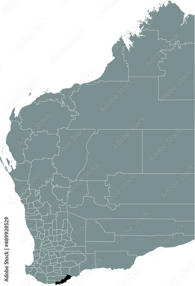 Black flat blank highlighted location map of the CITY OF ALBANY AREA inside gray administrative map of areas of the Australian state of Western Australia
