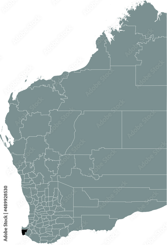 Obraz premium Black flat blank highlighted location map of the SHIRE OF AUGUSTA–MARGARET RIVER AREA inside gray administrative map of areas of the Australian state of Western Australia