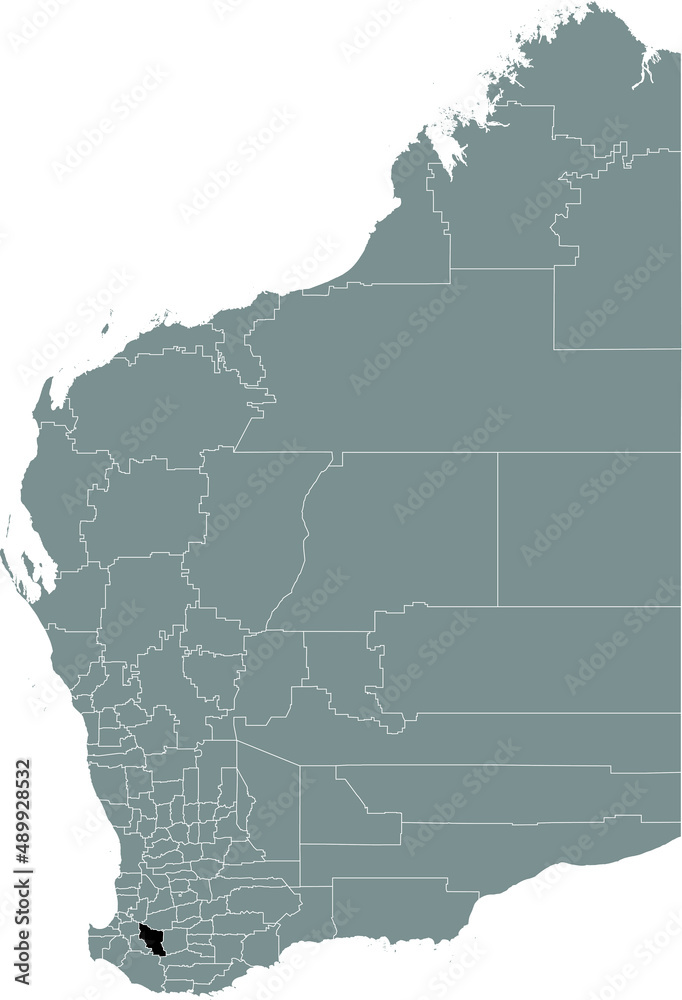 Fototapeta premium Black flat blank highlighted location map of the SHIRE OF BOYUP BROOK AREA inside gray administrative map of areas of the Australian state of Western Australia