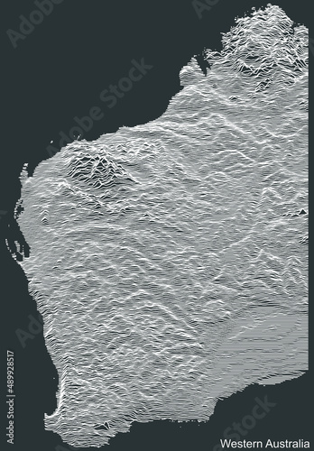 Topographic negative relief map of the Australian state of WESTERN AUSTRALIA with white contour lines on dark gray background