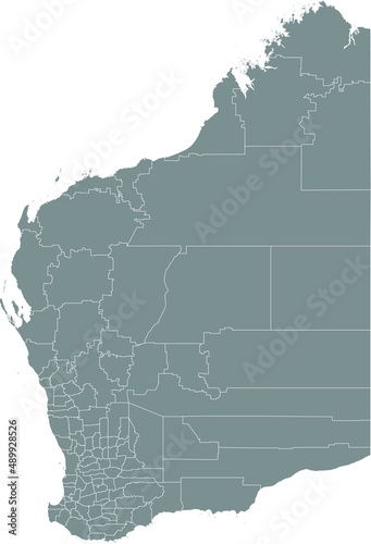 Gray flat blank vector administrative map of local government areas of the Australian state of WESTERN AUSTRALIA with white border lines of its areas