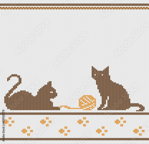 Seamless pattern with playing cats. Knitted style. Sample for knitting a jacquard pattern. photo