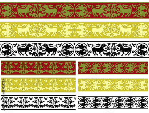 Decorative seamless borders, Middle ages art. Various color sets.