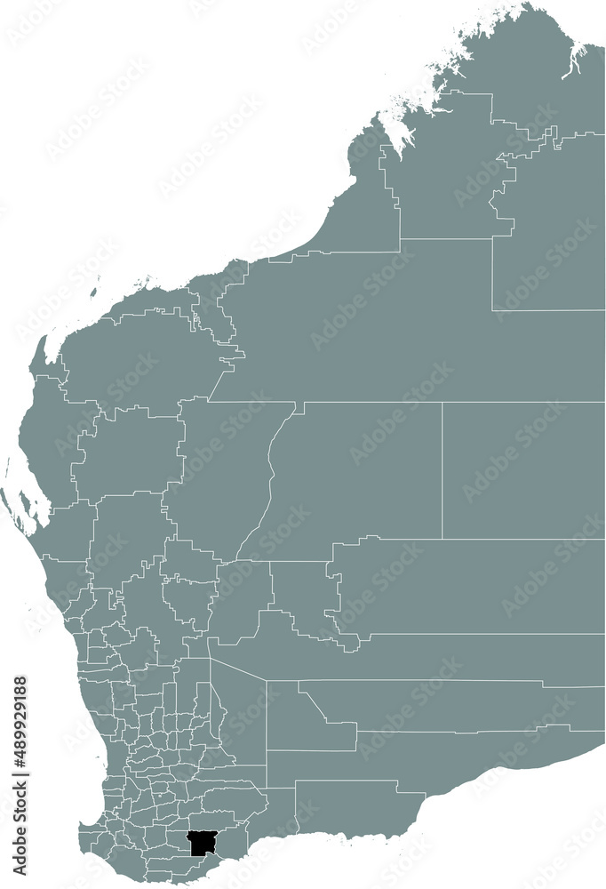Fototapeta premium Black flat blank highlighted location map of the SHIRE OF GNOWANGERUP AREA inside gray administrative map of areas of the Australian state of Western Australia