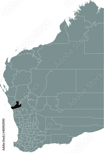 Black flat blank highlighted location map of the  CITY OF GREATER GERALDTON AREA inside gray administrative map of areas of the Australian state of Western Australia
