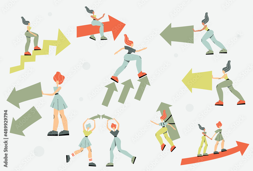 Women climbing up the arrow, women pushing the arrow. Picture depicts growth for presentations, diagrams, graphs. Vector drawing with modern character.