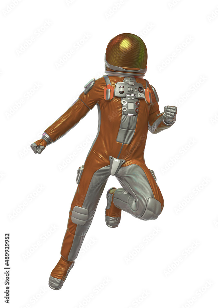 astronaut explorer doing a comic hero pose in white background
