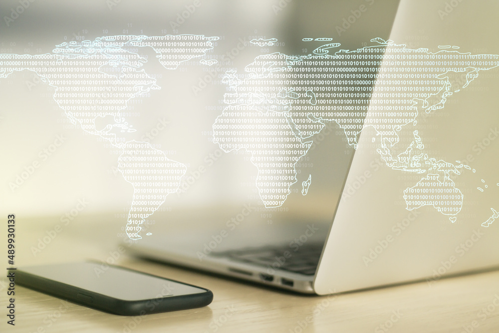 Multi exposure of abstract creative digital world map on modern laptop background, tourism and traveling concept Multi exposure of abstract creative digital world map on modern laptop background, tourism and traveling concept