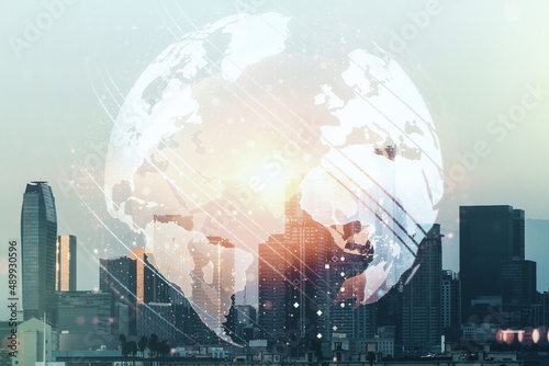 Abstract creative world map interface on Los Angeles skyline background, international trading concept. Multiexposure