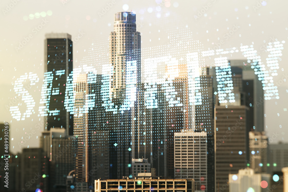 Obraz premium Virtual cyber security creative concept on Los Angeles city skyline background. Double exposure