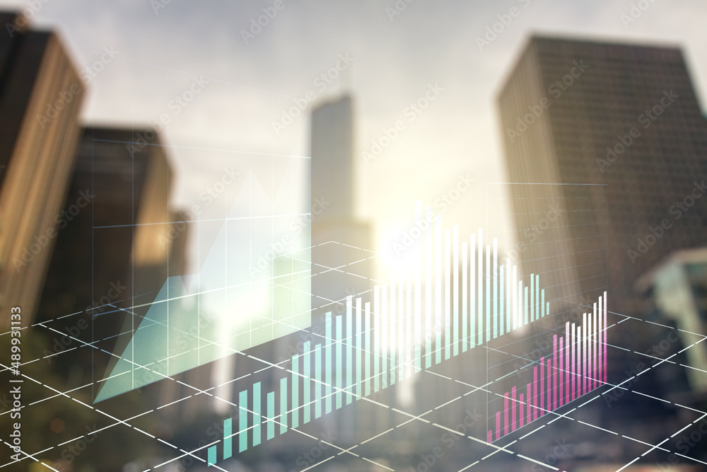 Multi exposure of abstract financial diagram on office buildings background, banking and accounting concept Multi exposure of abstract financial diagram on office buildings background, banking and accounting concept