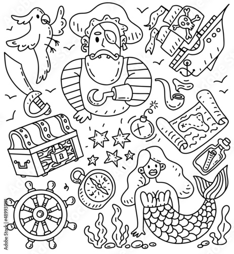 Pirate doodle cartoon vector linear set. Captain, parrot, treasure, ship, sword, map, bomb, mermaid, note in bottle, compass, wheel, pirate in black and white collection 