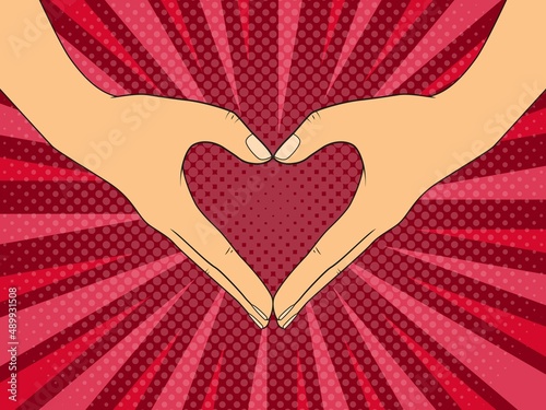 Gesture in the shape of a heart. Vintage vector pop art illustration