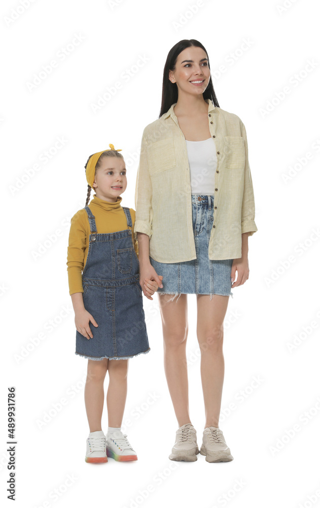 Little girl with her mother on white background Little girl with her mother on white background