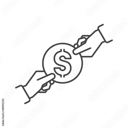Two human hands holding dollar bill, coin vector icon meaning Transfer Money