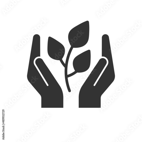 Plant of life - modern vector single line icon. An image of a green flower with hands around it . Representation of better future, hope, creation, eco lifestyle.