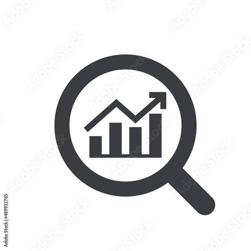 Analysis trend growth icon. Magnifying glass and rising bars chart graph. Review market tendency data icon