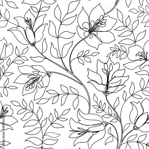 Floral seamless line art pattern. Flower outline background. Floral linear dr...