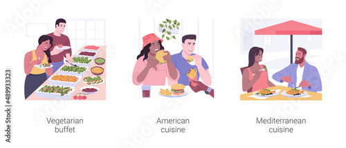 Eating in a restaurant isolated cartoon vector illustrations set.