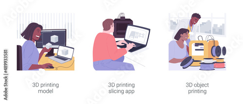 3D printing process isolated cartoon vector illustrations set.