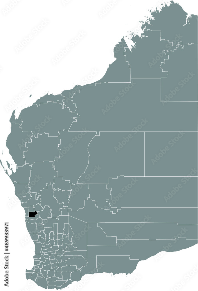 Black flat blank highlighted location map of the SHIRE OF THREE SPRINGS AREA inside gray administrative map of areas of the Australian state of Western Australia