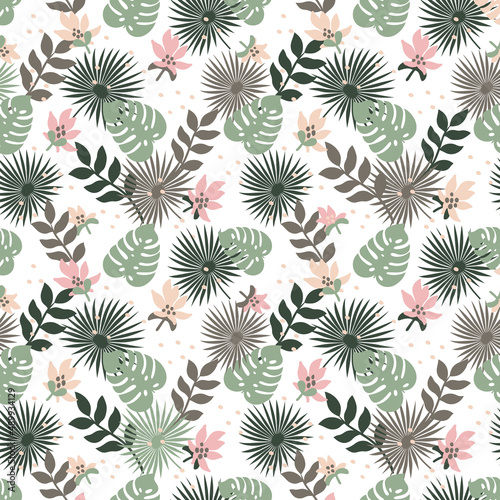 Seamless floral pattern, vector seamless background with summer exotic leaves...