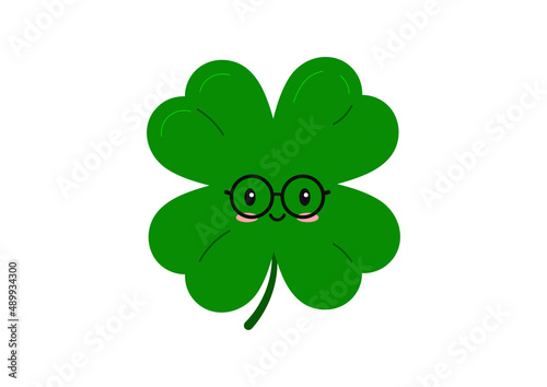 Cute clover four leaf kids character in eyeglasses isolated on white background. Green kawaii emoji 4 leaves clever clover lucky emoji mascot. Flat design cartoon vector illustration.
