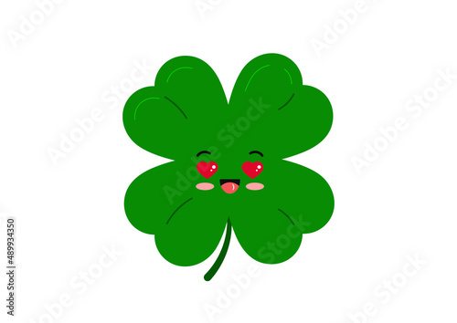 Cute clover four leaf kids character in love isolated on white background. Green kawaii emoji 4 leaves clover with heart eyes lucky emoji mascot Flat design cartoon vector illustration.