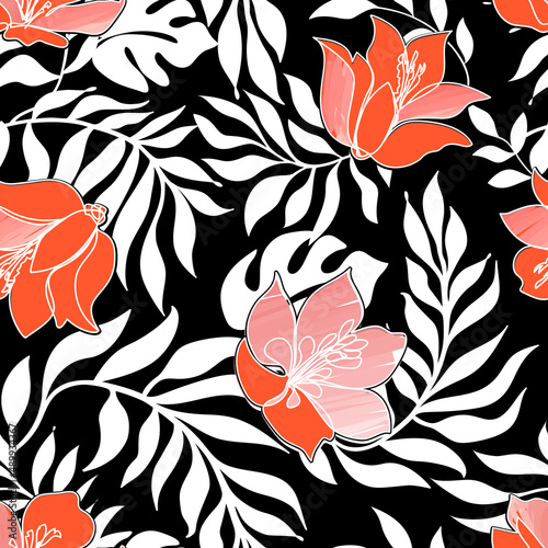 Floral seamless pattern. Flowers with leaves ornamental texture. Flourish nat...