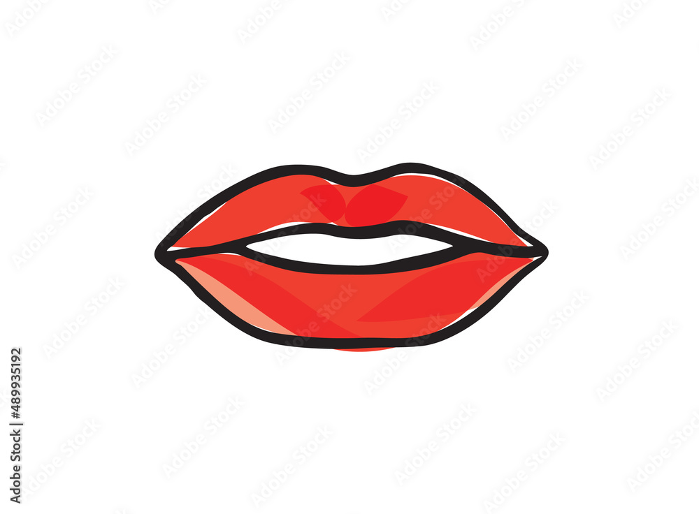 Lips female. Sexy red lips line drawn illustration. Beautiful Woman lips logo in pastel color. Design concept good for logo, card, banner, poster, flyer Lips female. Sexy red lips line drawn illustration. Beautiful Woman lips logo in pastel color. Design concept good for logo, card, banner, poster, flyer