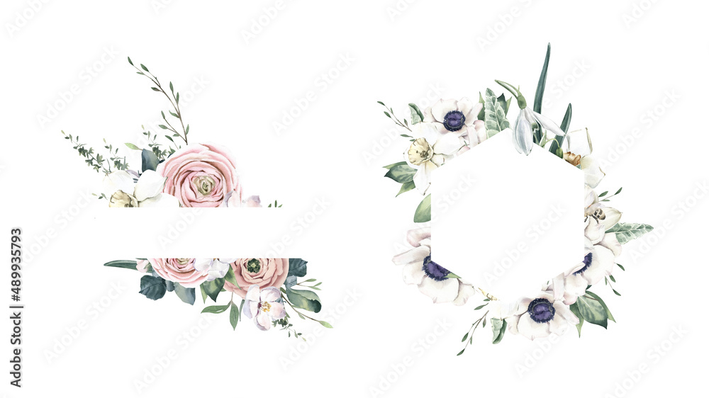 Obraz premium Watercolor Hand Drawn Frames with Anemones, Daffodils and Ranunculus.