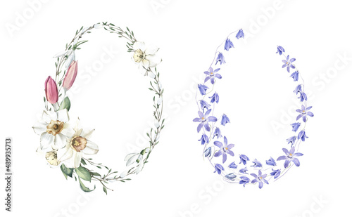 Watercolor Hand Drawn Wreaths with Snowdrops  Daffodils and Violets.