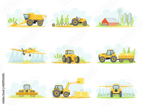 Agricultural farming machinery set. Tractor, plow, combine harvester, airplane, crop sprayer vector illustration
