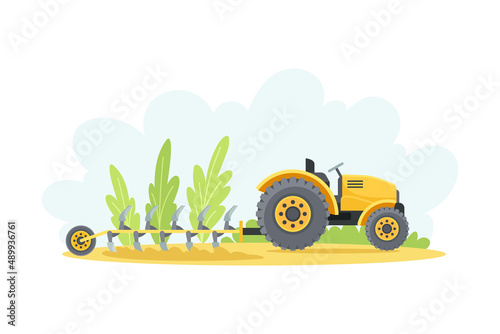 Tractor with plowing equipment. Agricultural farming machinery vector illustration
