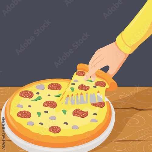 hand taking pizza portion