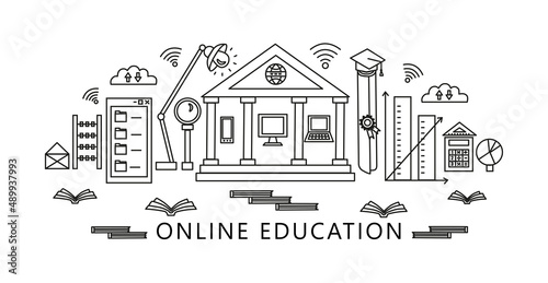 The concept of online education in the form of a city. Houses in the form of window, calculator, diagram. Online university concept using phone, laptop and computer.