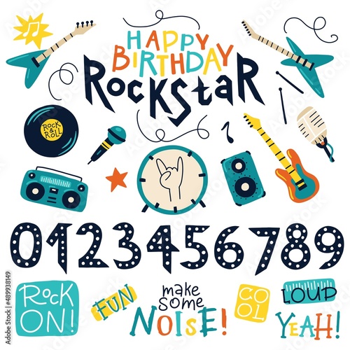 Happy birthday rock star. Vector collection with illustrations of musical instruments and numbers for children. Hand drawn cartoon illustrations in a doodle style. for prints on baby clothes, posters