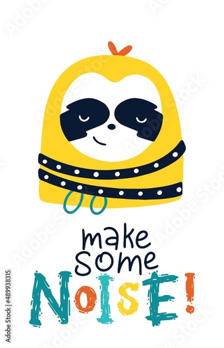 Let's make some noise. Rock card with sloth. Vector cartoon character. Illustration on a white background for children in the style of funny doodles. Ideal for printing on baby clothes, t-shirts.