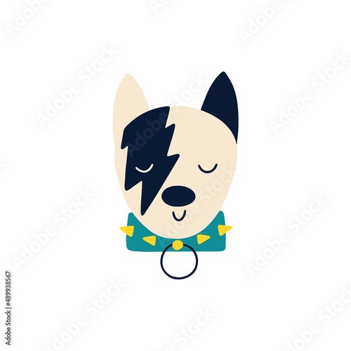 Rock dog. Vector cartoon character in rock accessories. Isolate illustration on white background for kids in funny doodle style.