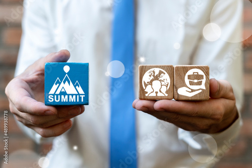 Concept of summit. Political meeting, conference, global governance event. High level forum.