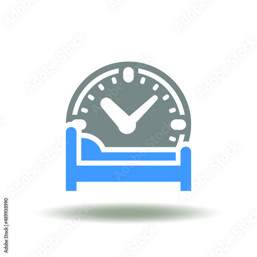 Vector illustration of bed with clock. Icon of time sleep. Symbol of regular sleeping procedure.