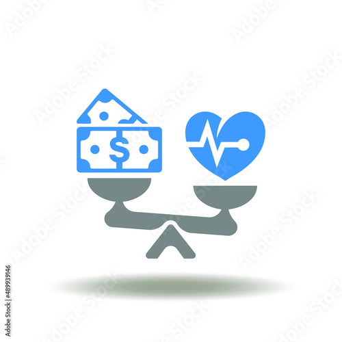 Vector illustration of seesaw disbalance with money banknotes and heart. Imbalance or balance health money. Law insurance medical symbol.